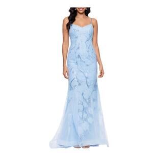 Betsy and Adam floral oblique light blue mermaid gowns size 6
